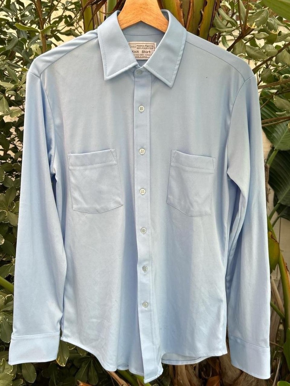 Vintage 1970s Sears Perma-Prest Knit Shirt M Blue Polyester Korea